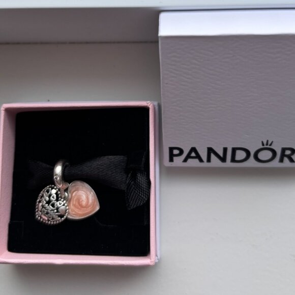 Pandora Sterling Silver and Peachy Pink Heart “Family” Charm Bracelet - Picture 4 of 7